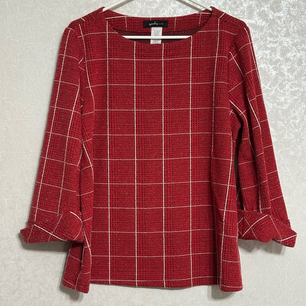 Yushi Windowpane Plaid Boat‎ Neck Top 3/4 Sleeve Rolled Cuff Red White Knit XL